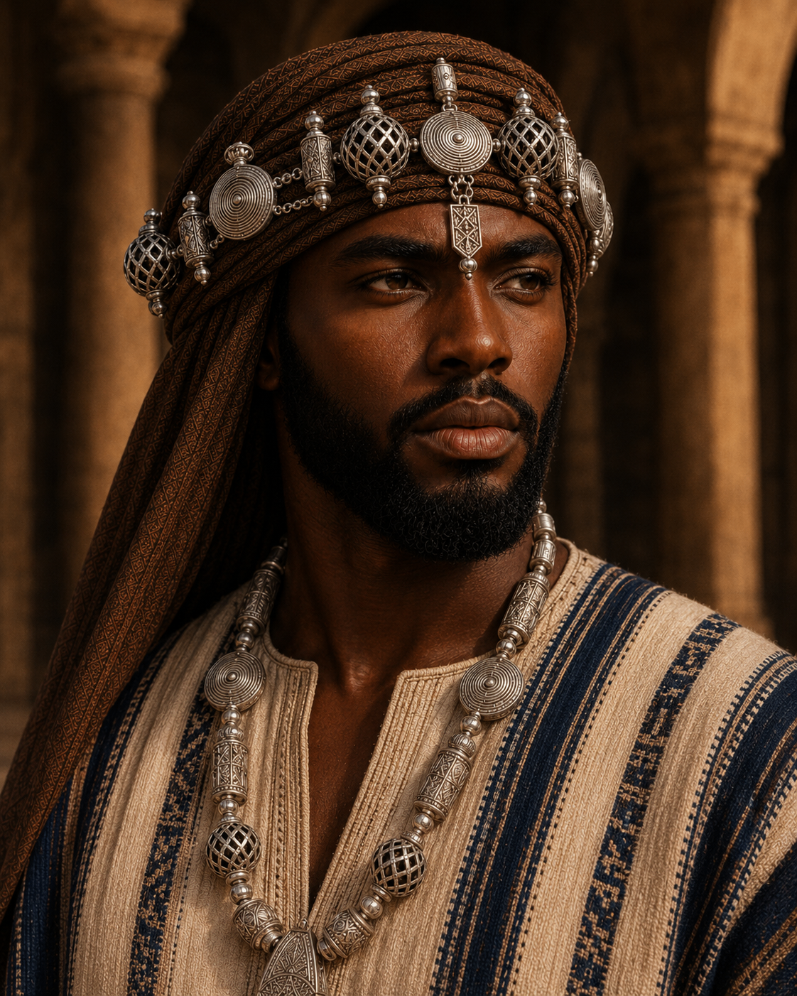 Styling study: portrait with beaded silver crown and chest plate