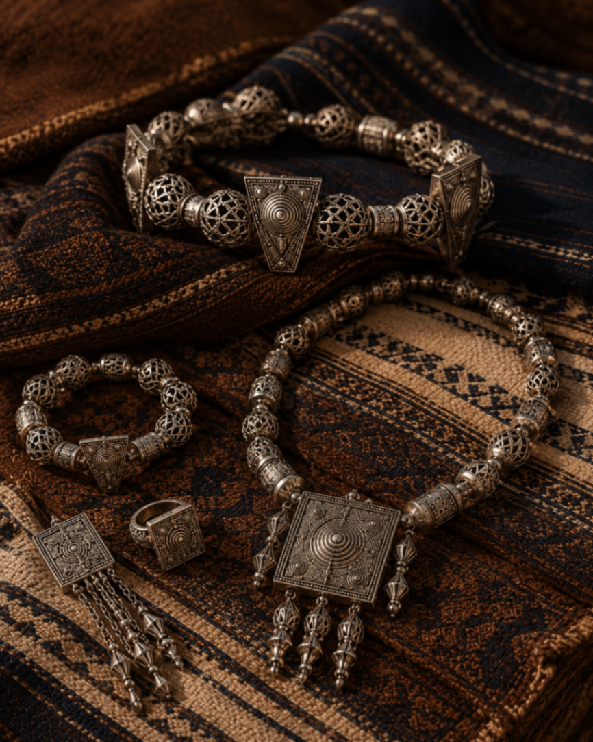 Design study: silver necklace, cuff and ring arranged on patterned cloth