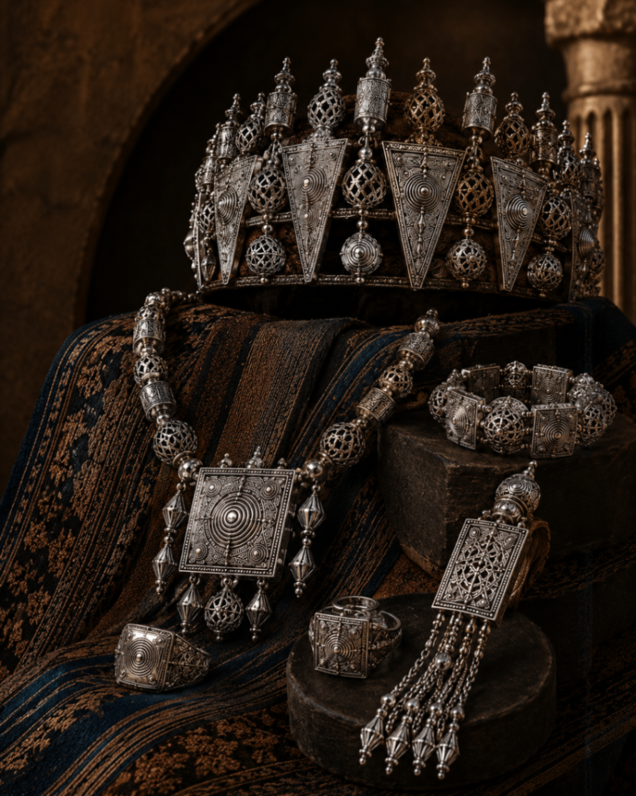 Design study: the crown photographed with pendants and cuffs on woven cloth