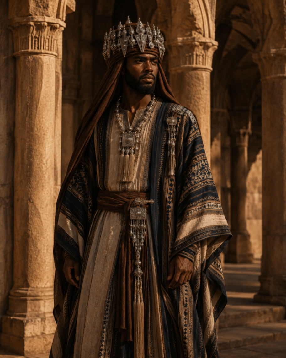 Styling study: full look with drape crown, layered pendant and striped robe