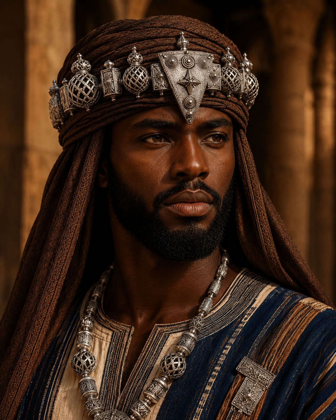 Design study: front view of the Ahenkyɛ Drape Crown over a wrapped drape
