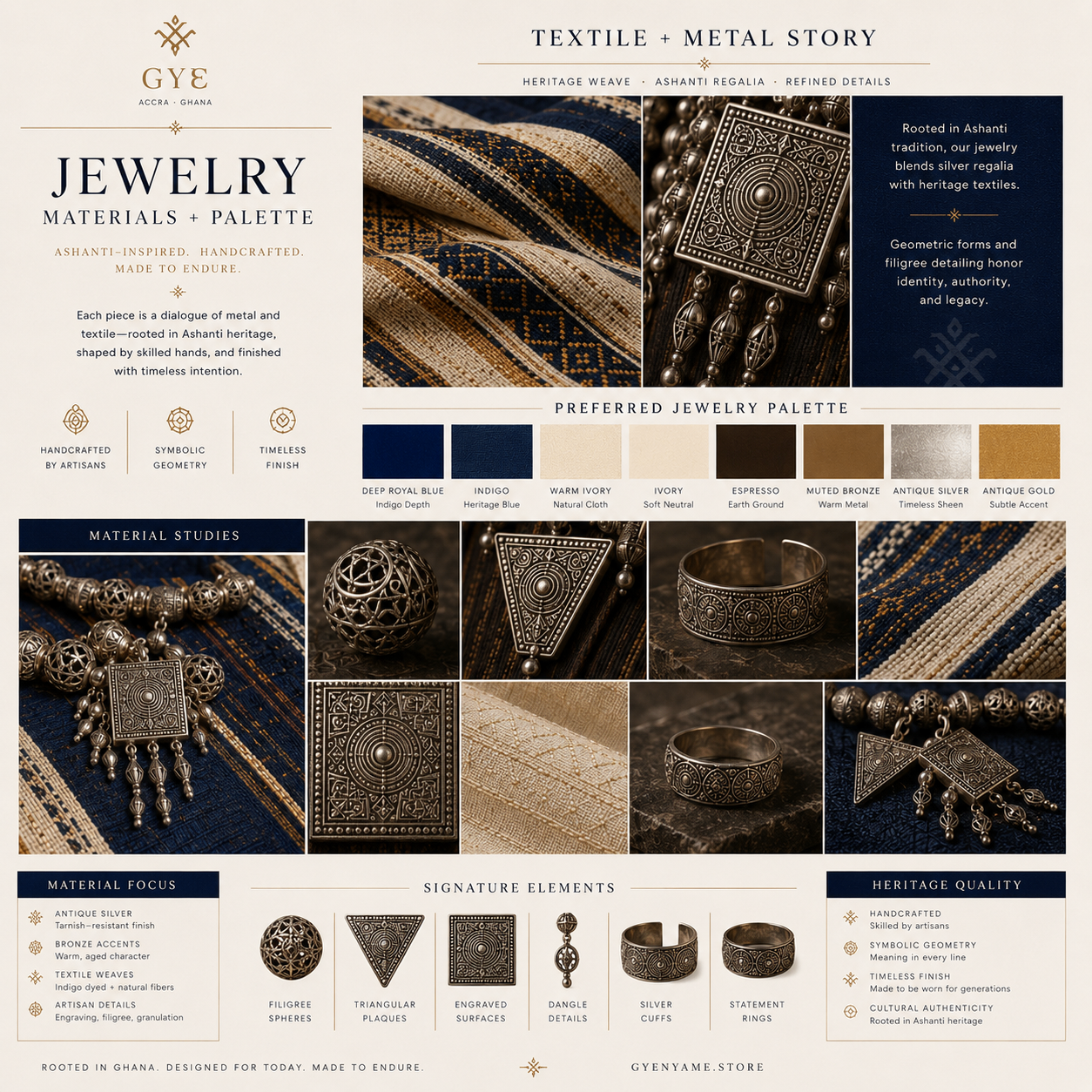 Reference board: jewelry materials and palette — silver against indigo and ivory weaves