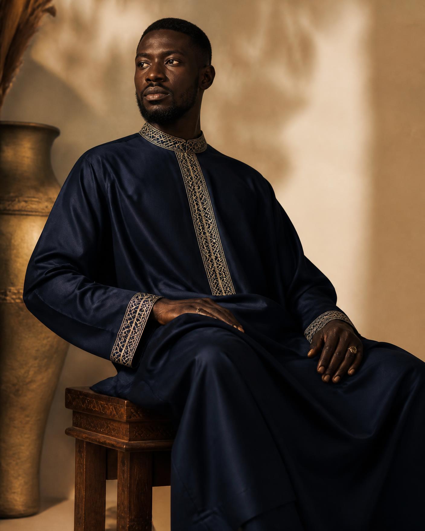 Model seated in the Nsaa Kaftan in navy with woven collar trim