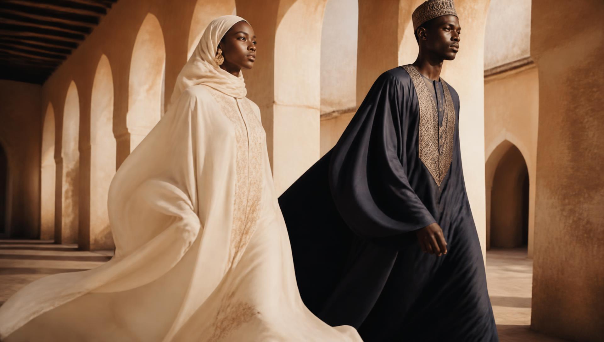Two models walking through a sunlit colonnade in ivory and navy flowing garments