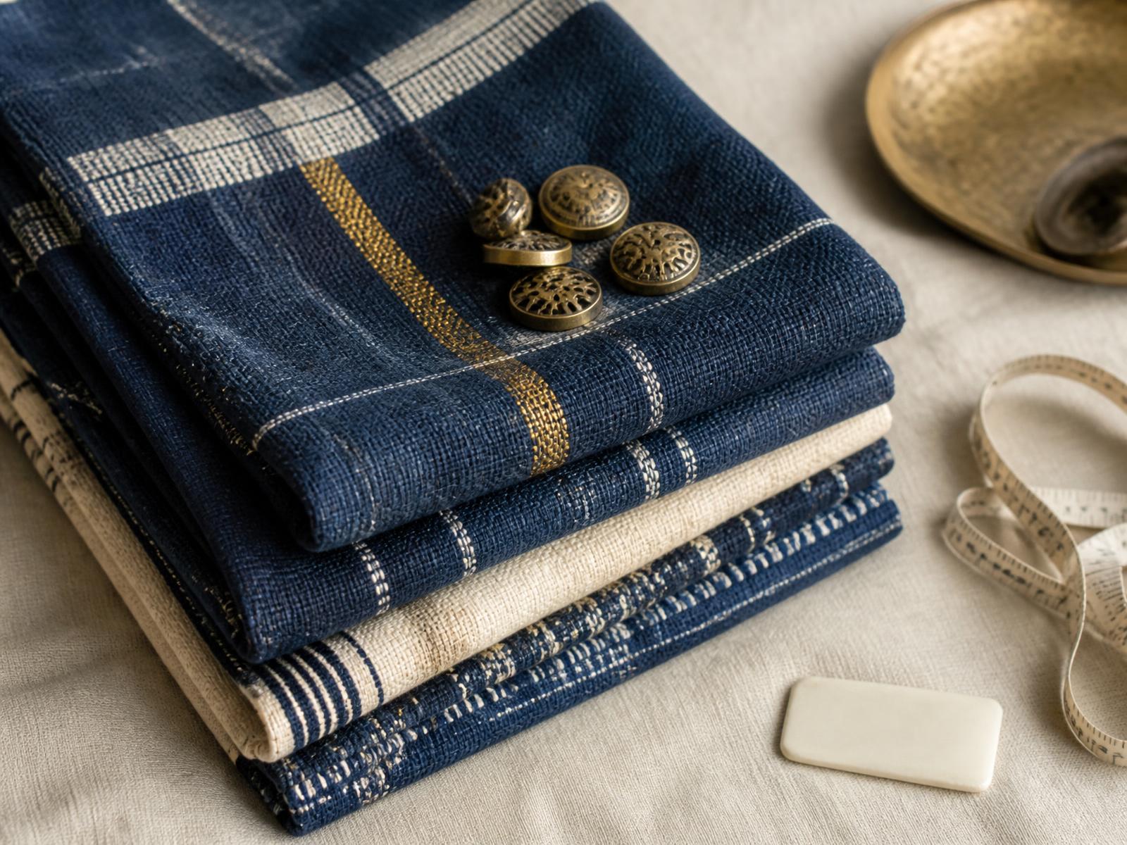 Folded handwoven indigo and ivory cloth with cast brass buttons, tailor's chalk and a tape measure