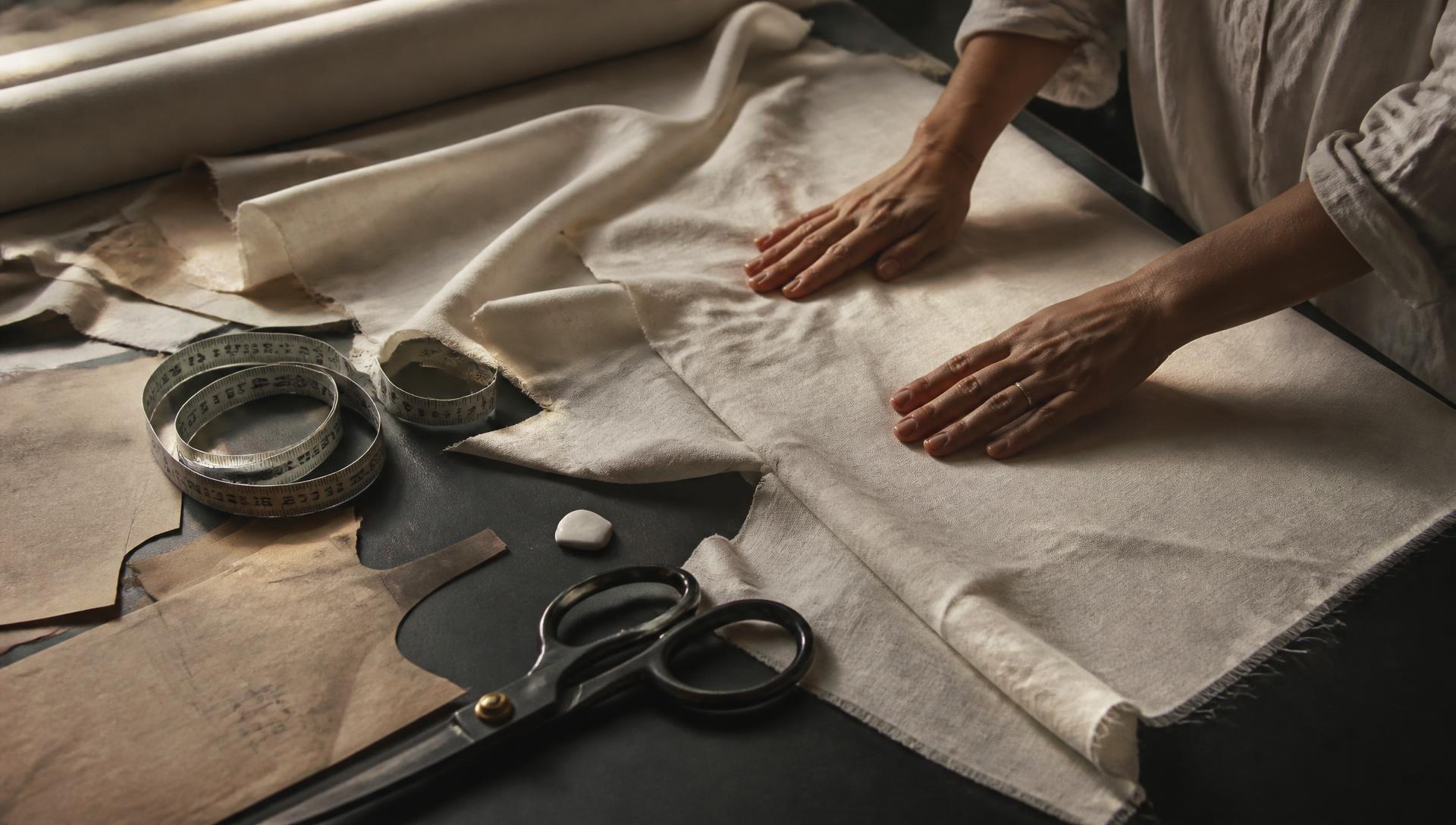 Cutting table with pattern paper, cloth and shears