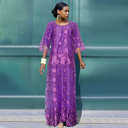 Embroided African Maxi Dress (Purple)