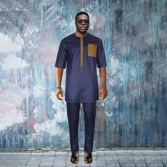 Short Sleeve African Suit (Navy)