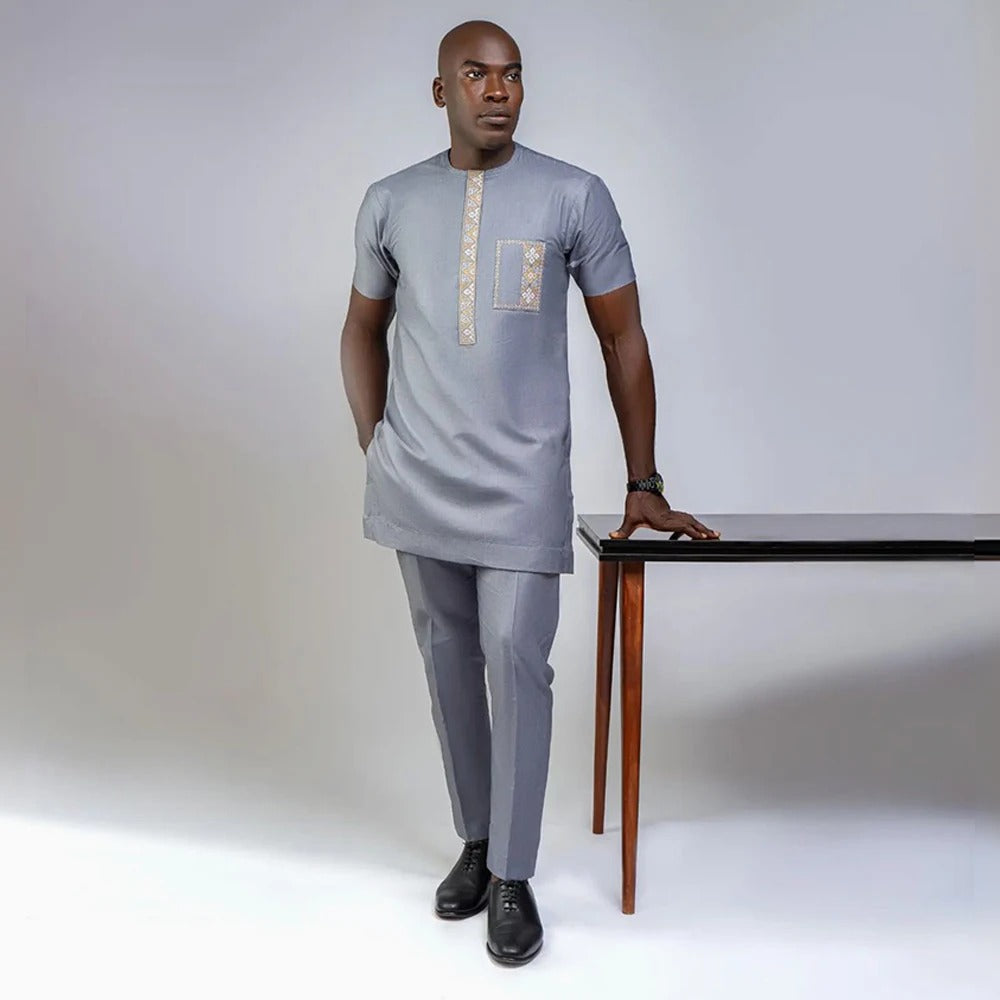 Short Sleeve African Suit (Grey)