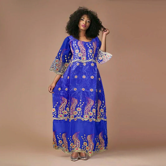 Embroided African Maxi Dress (Blue)