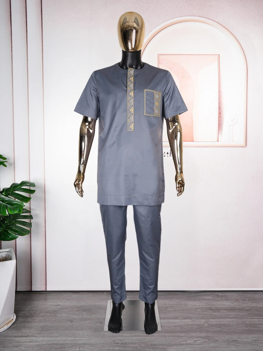 Short Sleeve African Suit (Grey)