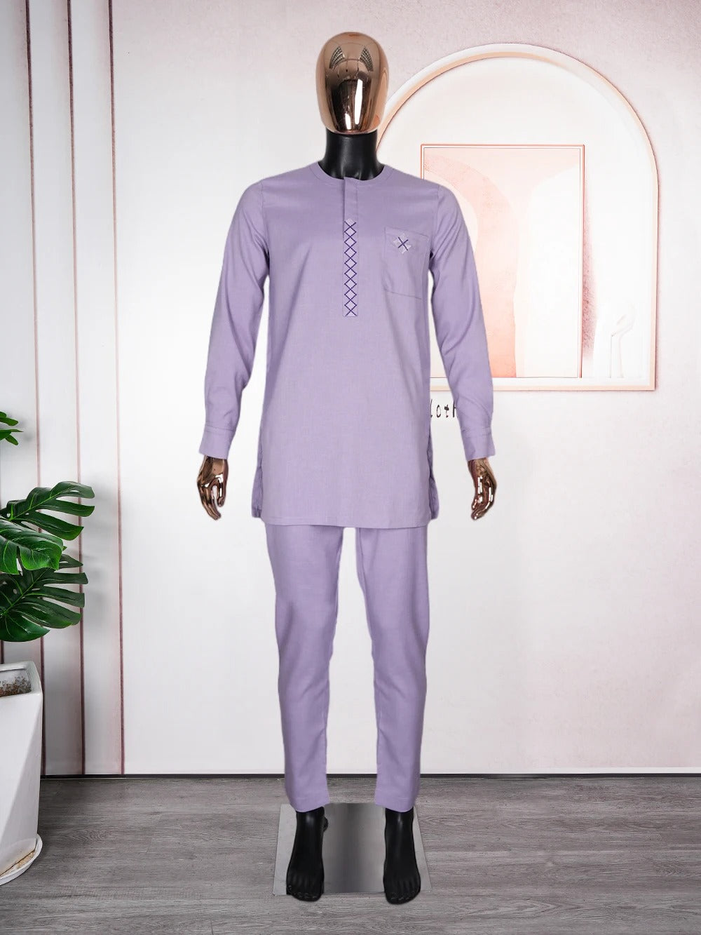 Long Sleeve African Suit (Lavender)