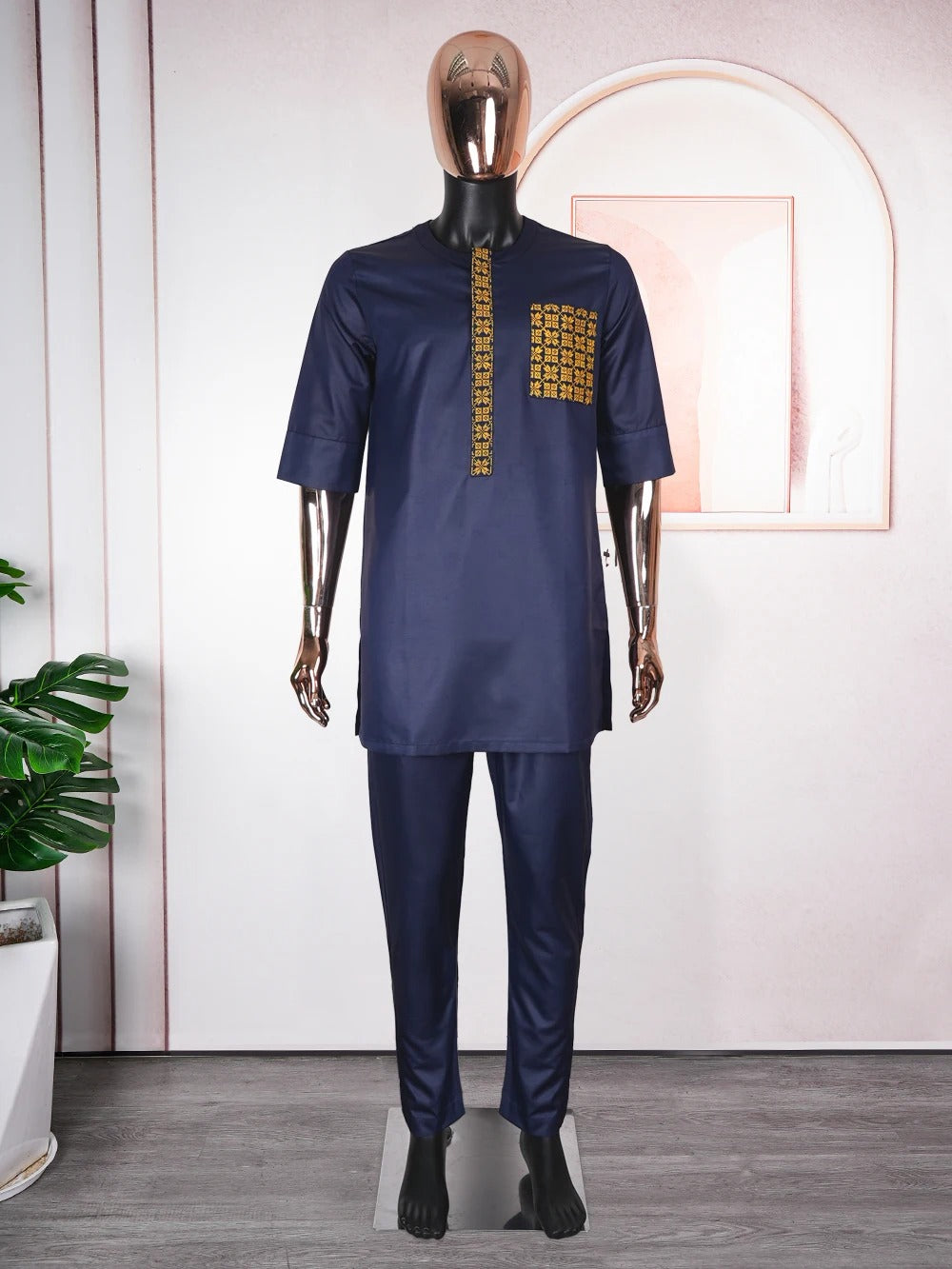 Short Sleeve African Suit (Navy)