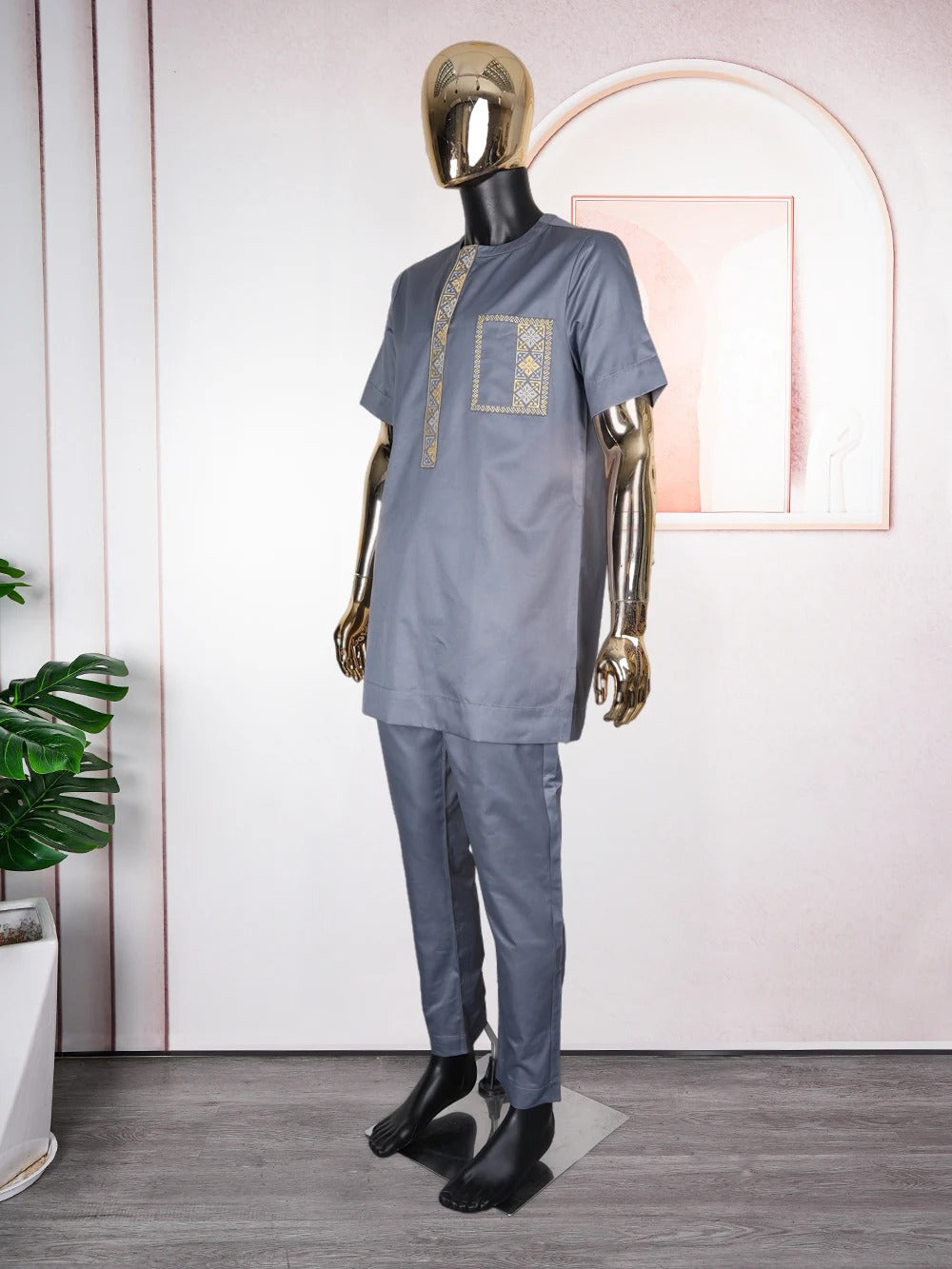 Short Sleeve African Suit (Grey)