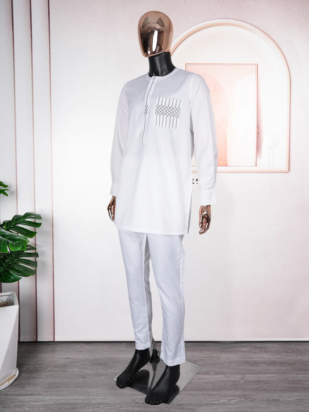 Long Sleeve African Suit (White)