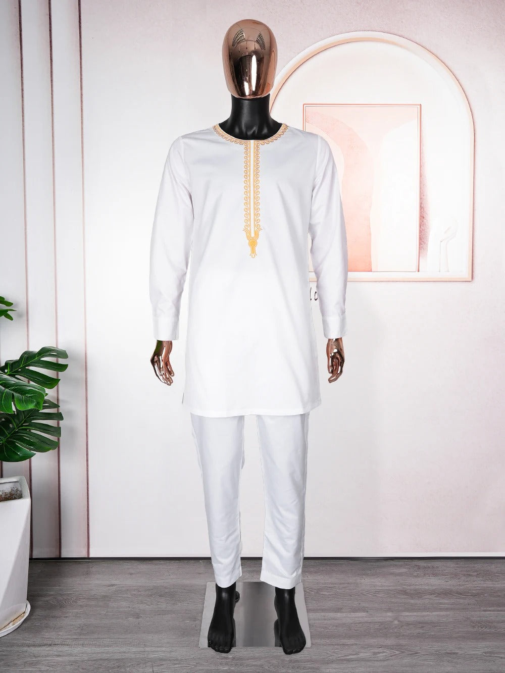 Long Sleeve African Suit (White & Gold)