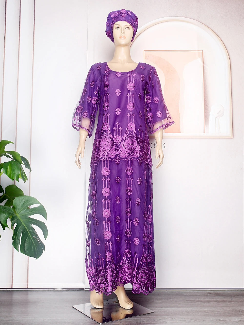 Embroided African Maxi Dress (Purple)